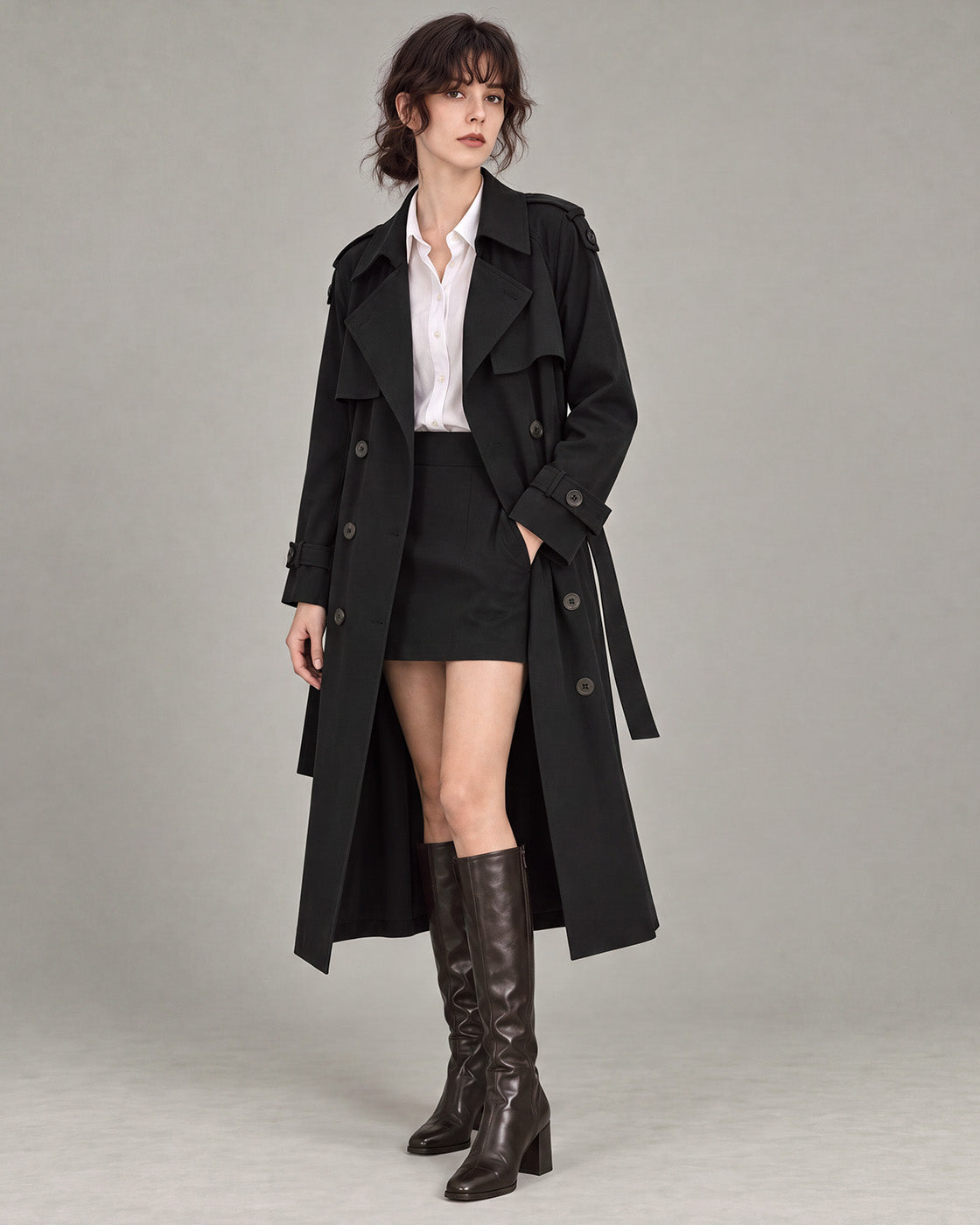 Belted Double-Breasted Trench Coat in Black — model open