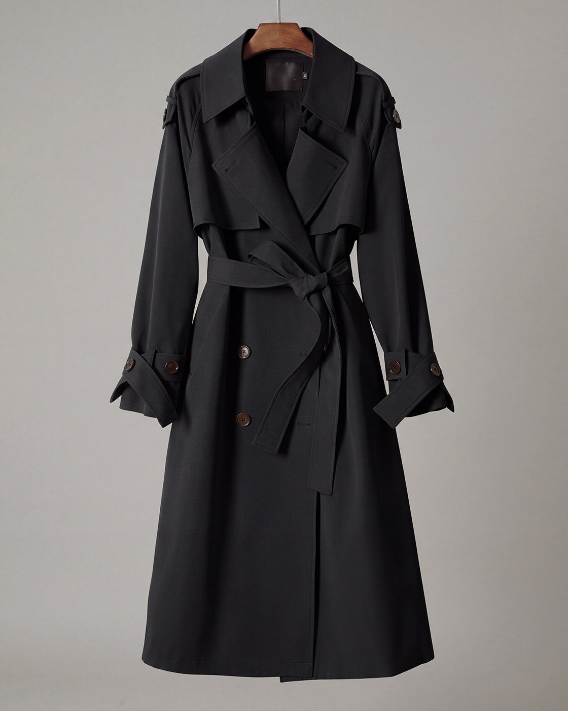 Belted Double-Breasted Trench Coat in Black — product front
