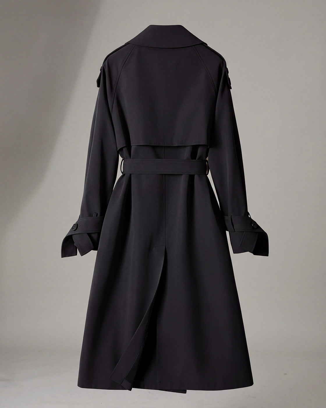 Belted Double-Breasted Trench Coat in Black — product back