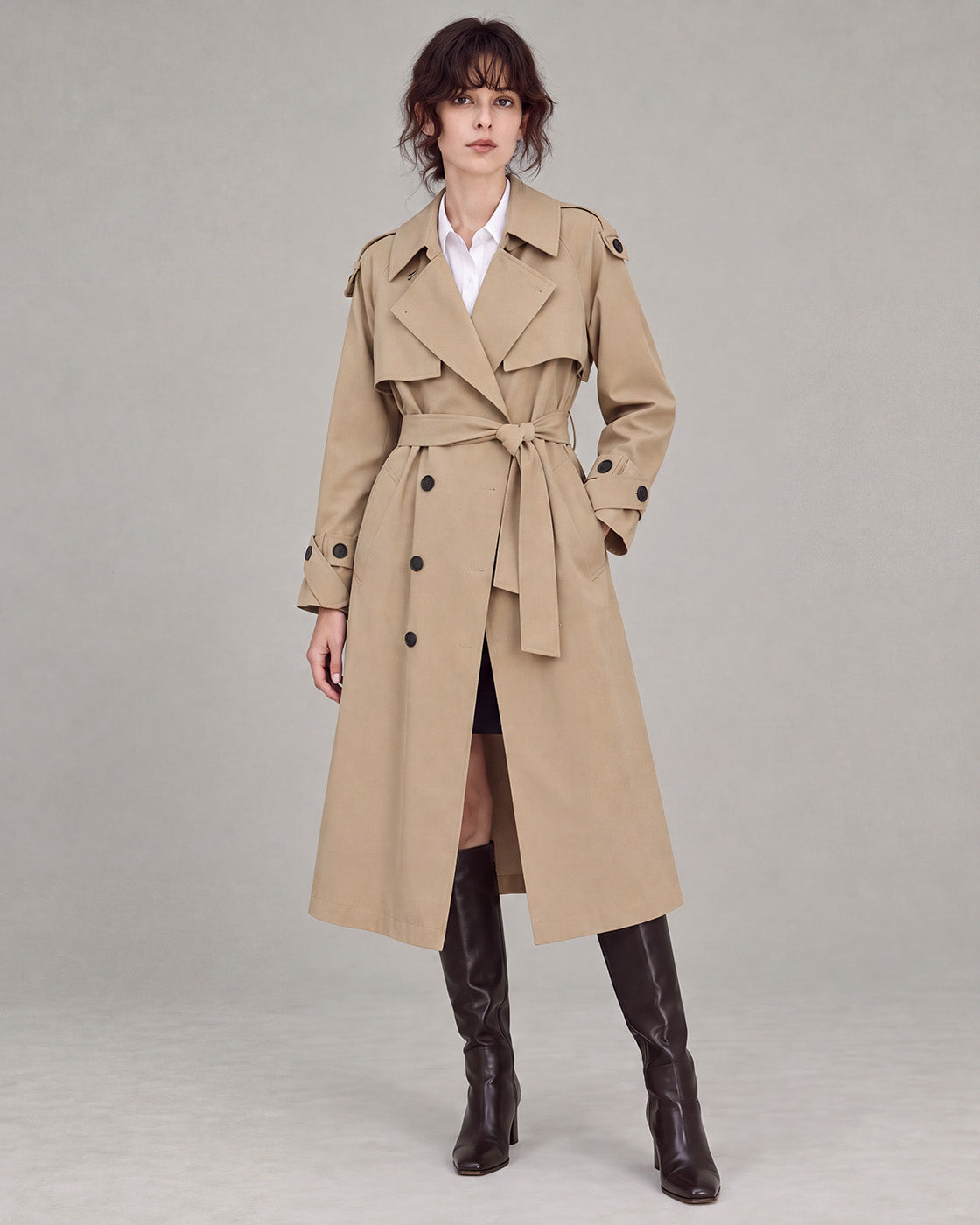 Belted Double-Breasted Trench Coat in Khaki — model hero