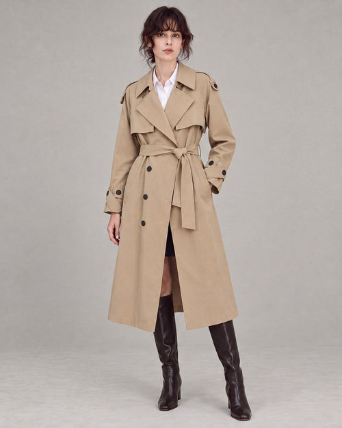 Belted Double-Breasted Trench Coat in Khaki — model hero