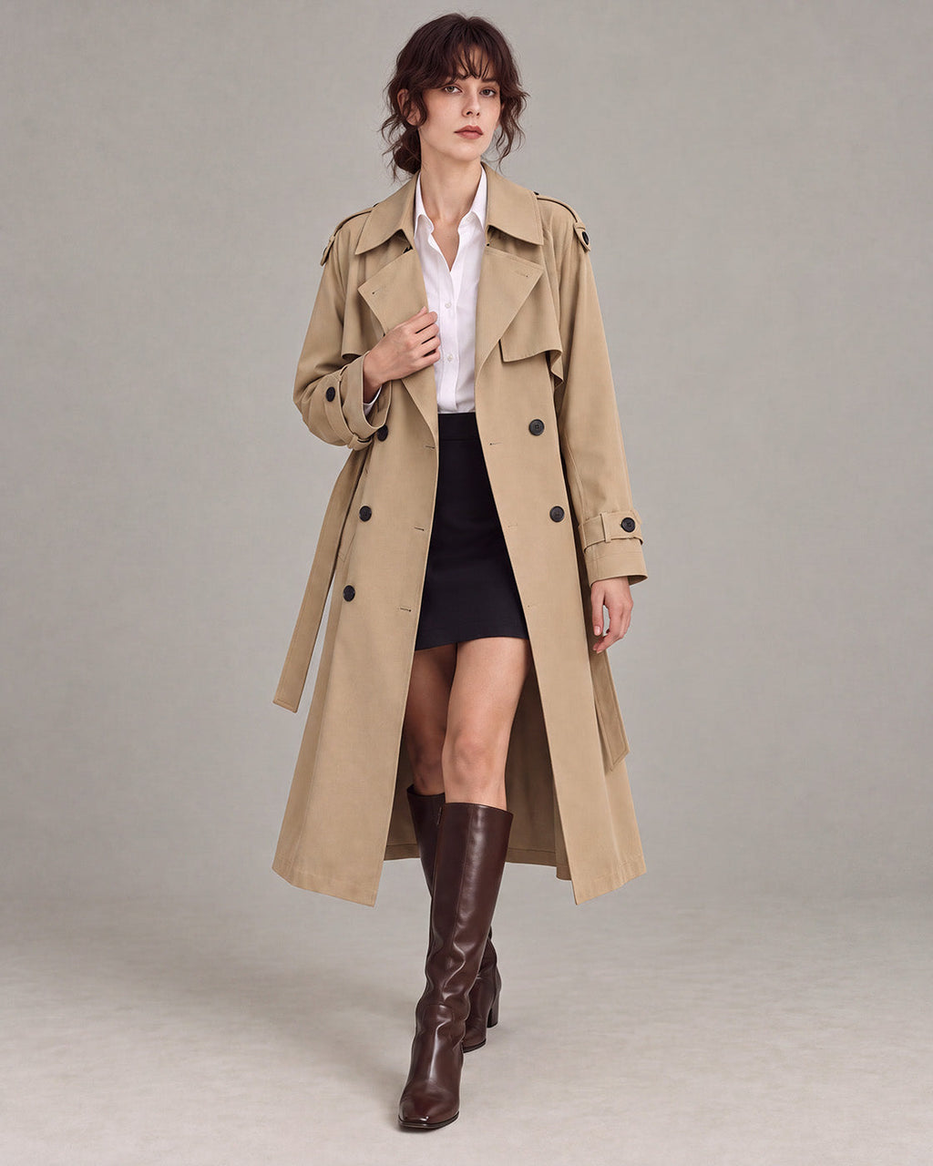 Belted Double-Breasted Trench Coat in Khaki — model open