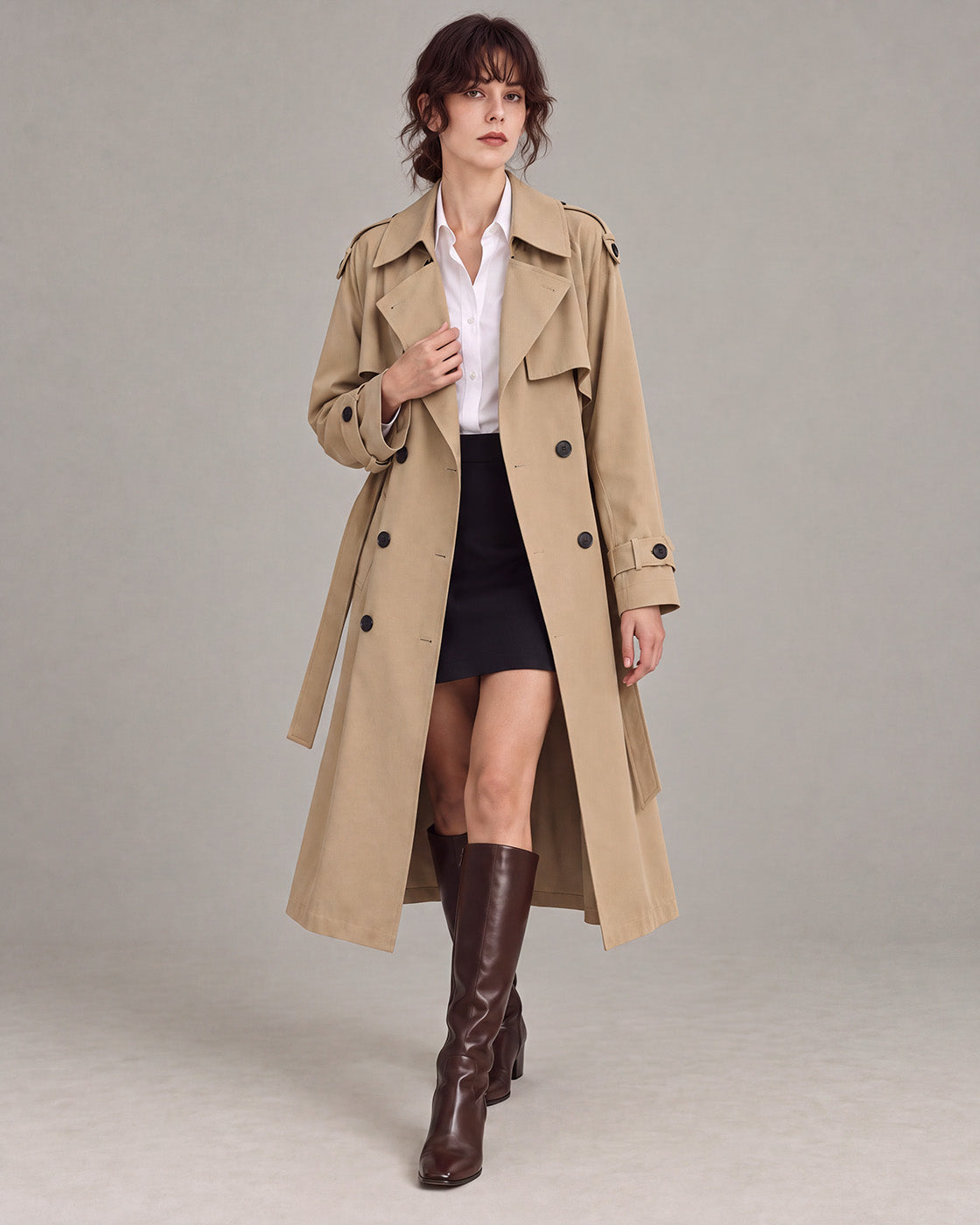 Belted Double-Breasted Trench Coat in Khaki — model open