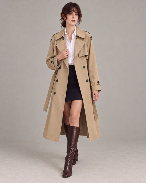 Belted Double-Breasted Trench Coat in Khaki — model open