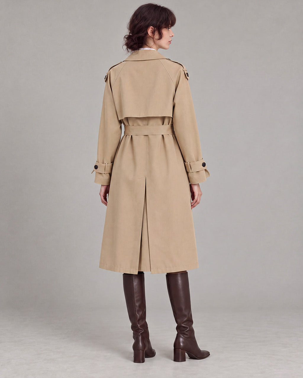 Belted Double-Breasted Trench Coat in Khaki — model back