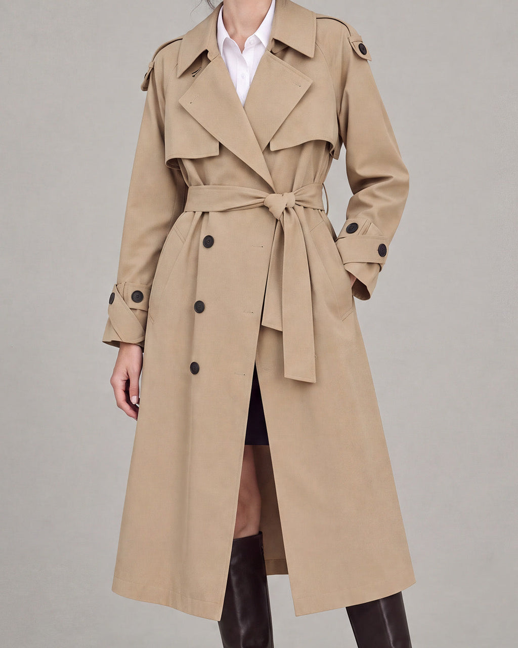 Belted Double-Breasted Trench Coat in Khaki — neck down