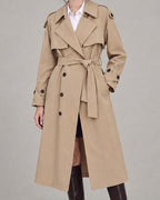 Belted Double-Breasted Trench Coat in Khaki — neck down