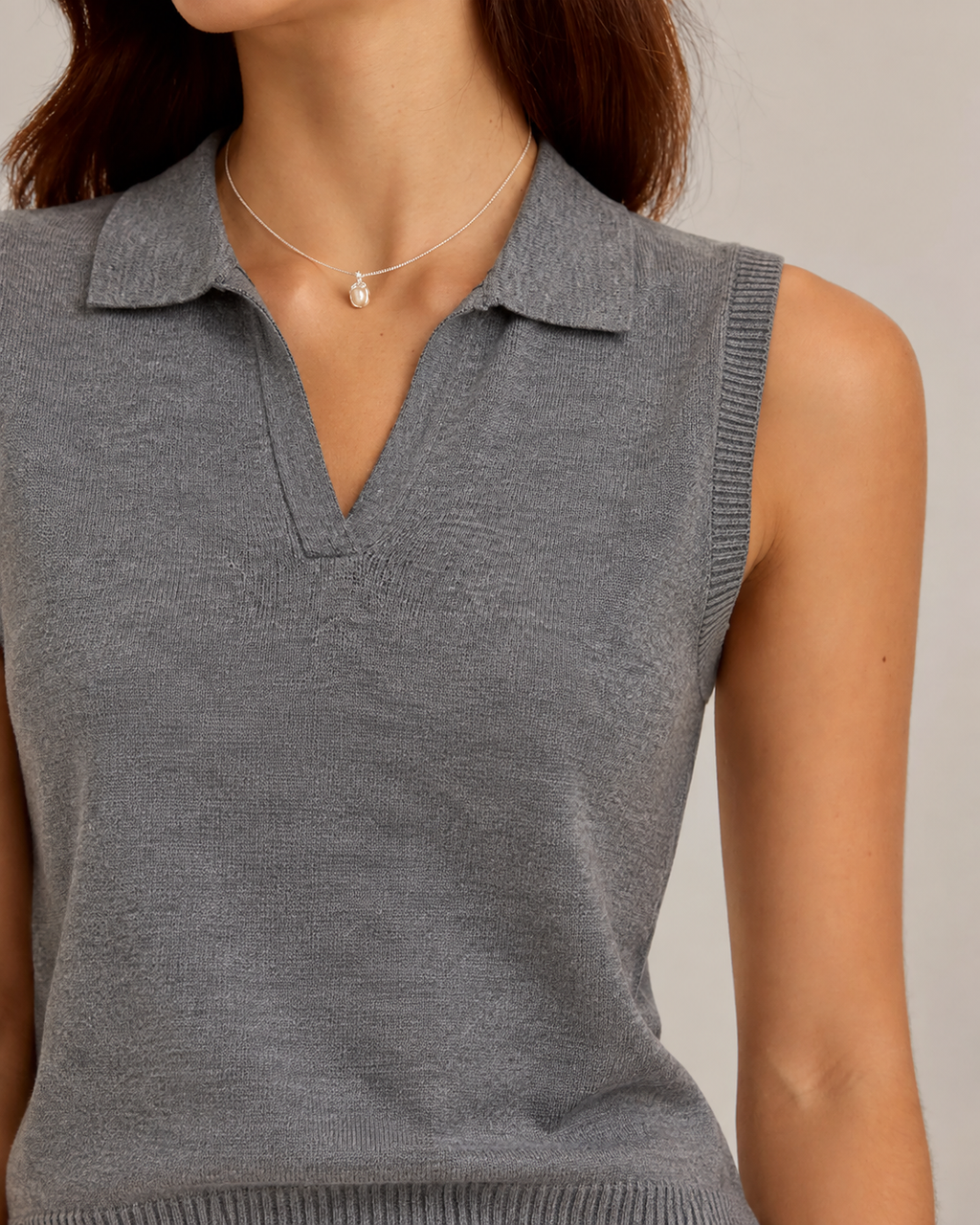 Relaxed Wool-Blend Sweater Vest in Gray, collar detail