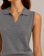 Relaxed Wool-Blend Sweater Vest in Gray, collar detail