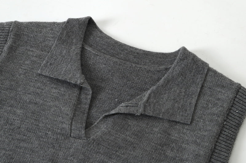 Relaxed Wool-Blend Sweater Vest in Gray, front collar detail