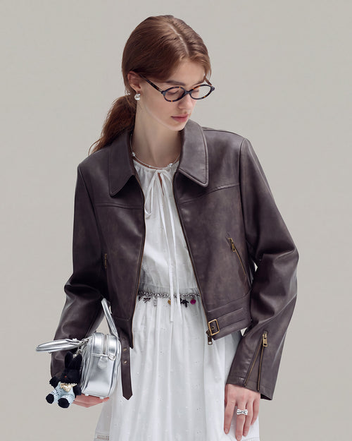 Buckle-Hem Faux-Leather Jacket in Brown — model hero