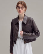 Buckle-Hem Faux-Leather Jacket in Brown — lookbook
