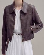 Buckle-Hem Faux-Leather Jacket in Brown — neck down