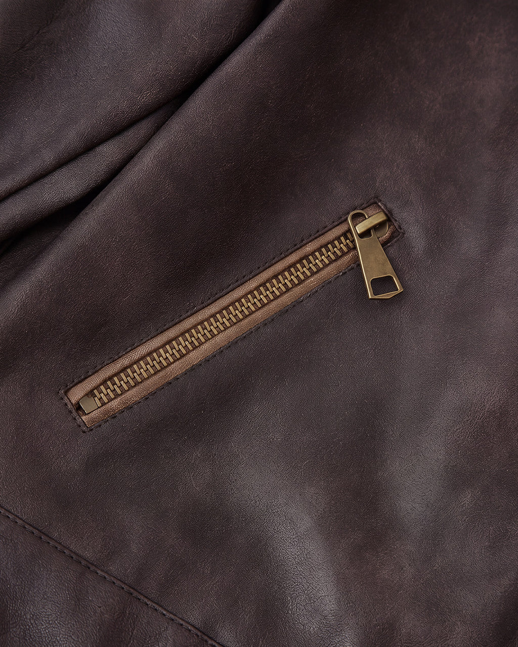 Buckle-Hem Faux-Leather Jacket in Brown — detail pocket