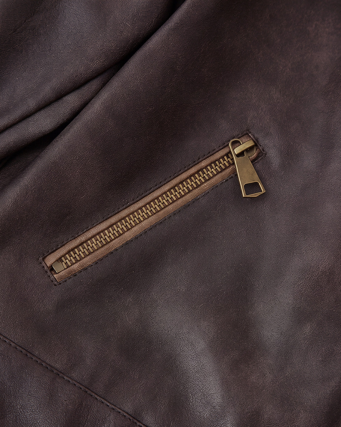 Buckle-Hem Faux-Leather Jacket in Brown — detail pocket