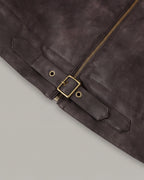 Buckle-Hem Faux-Leather Jacket in Brown — detail buckle