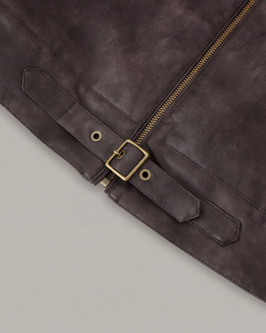 Buckle-Hem Faux-Leather Jacket in Brown — detail buckle