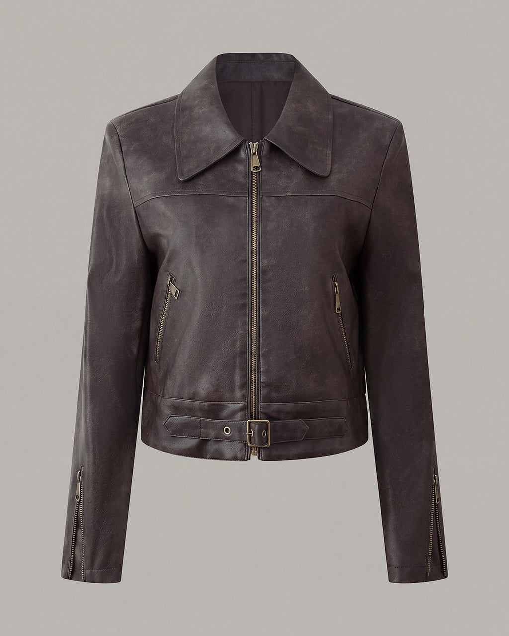 Buckle-Hem Faux-Leather Jacket in Brown — product front