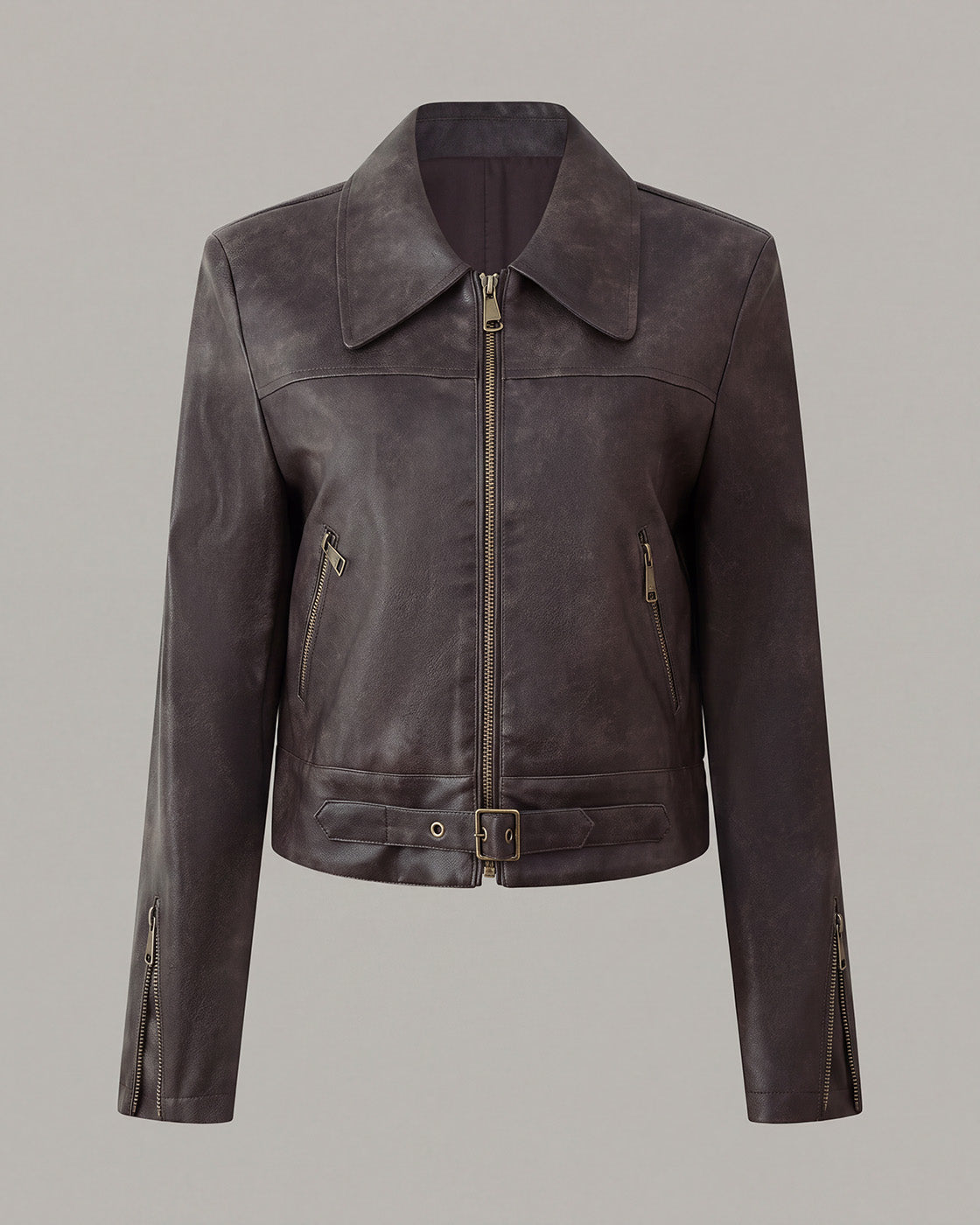 Buckle-Hem Faux-Leather Jacket in Brown — product front