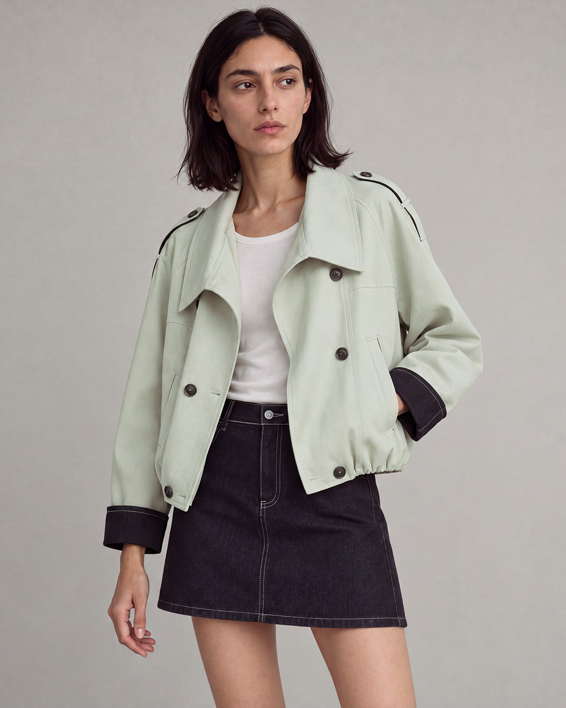 Contrast-Cuff Cropped Trench Jacket in Light Green — lookbook hero