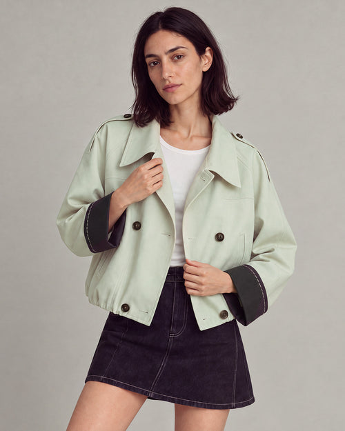 Contrast-Cuff Cropped Trench Jacket in Light Green — lookbook