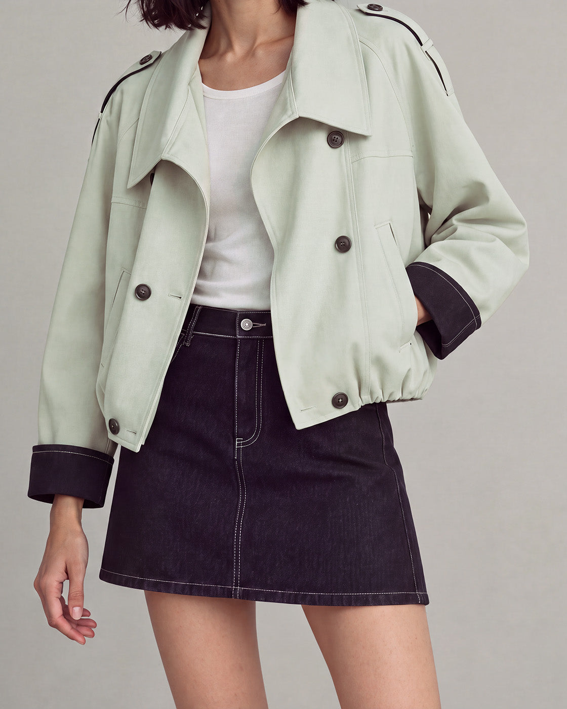 Contrast-Cuff Cropped Trench Jacket in Light Green — neck down