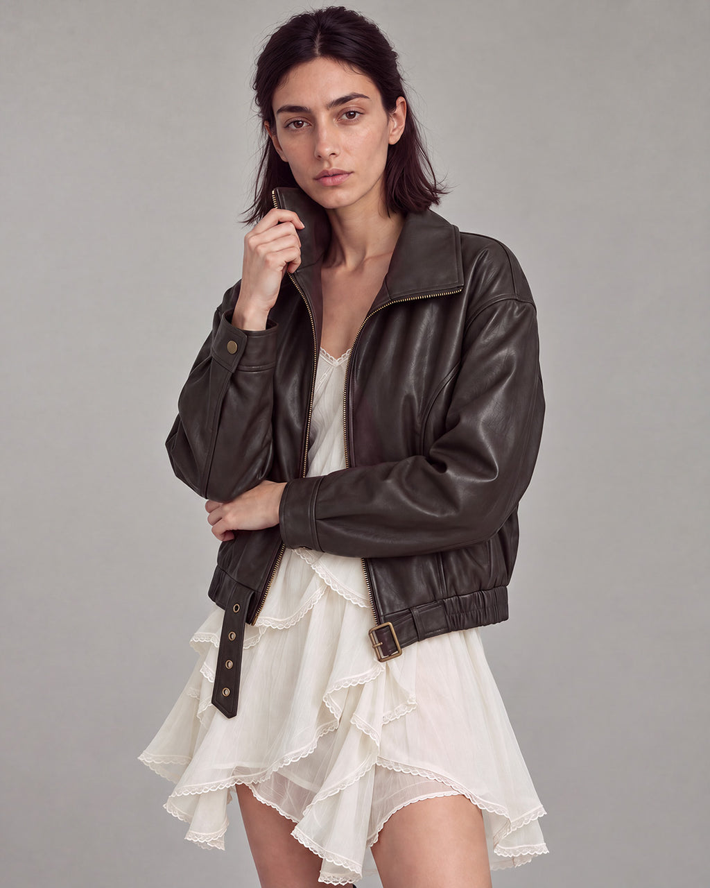 Buckle-Hem Faux-Leather Zip Jacket in Deep Brown — lookbook