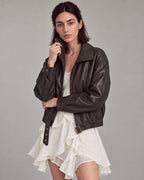 Buckle-Hem Faux-Leather Zip Jacket in Deep Brown — lookbook
