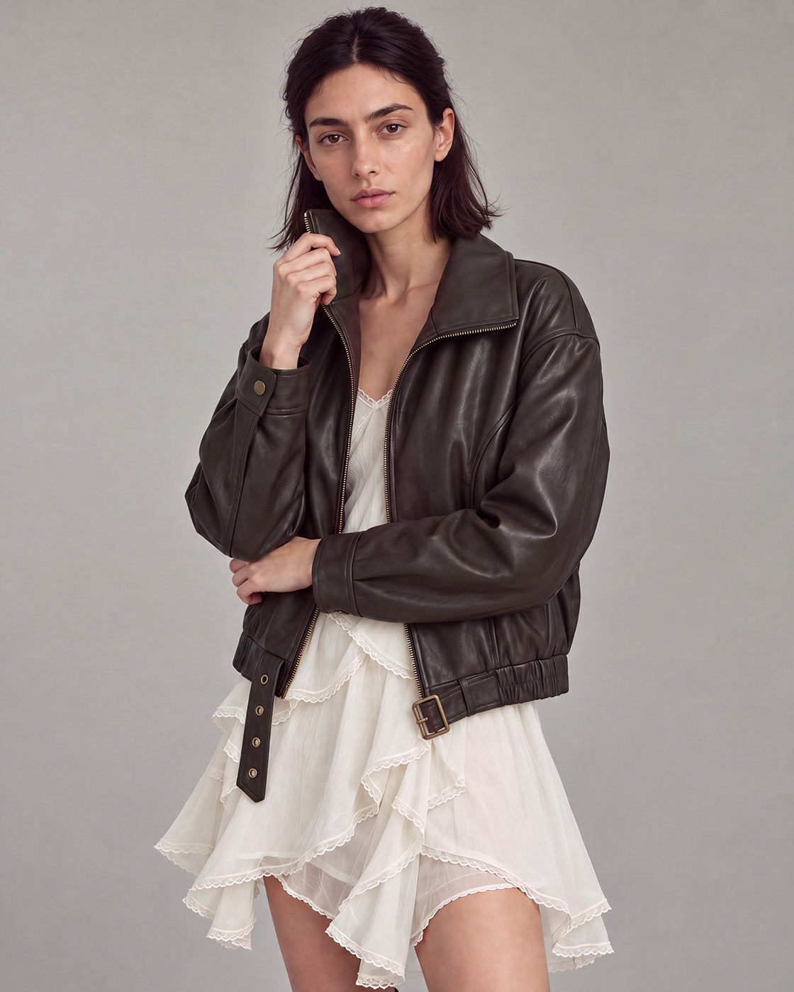 Buckle-Hem Faux-Leather Zip Jacket in Deep Brown — lookbook
