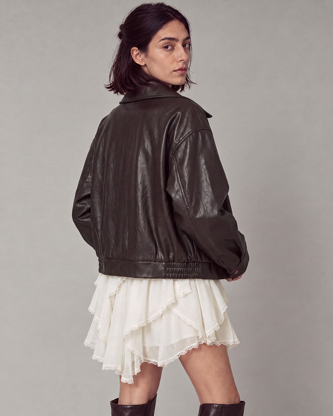 Buckle-Hem Faux-Leather Zip Jacket in Deep Brown — model back