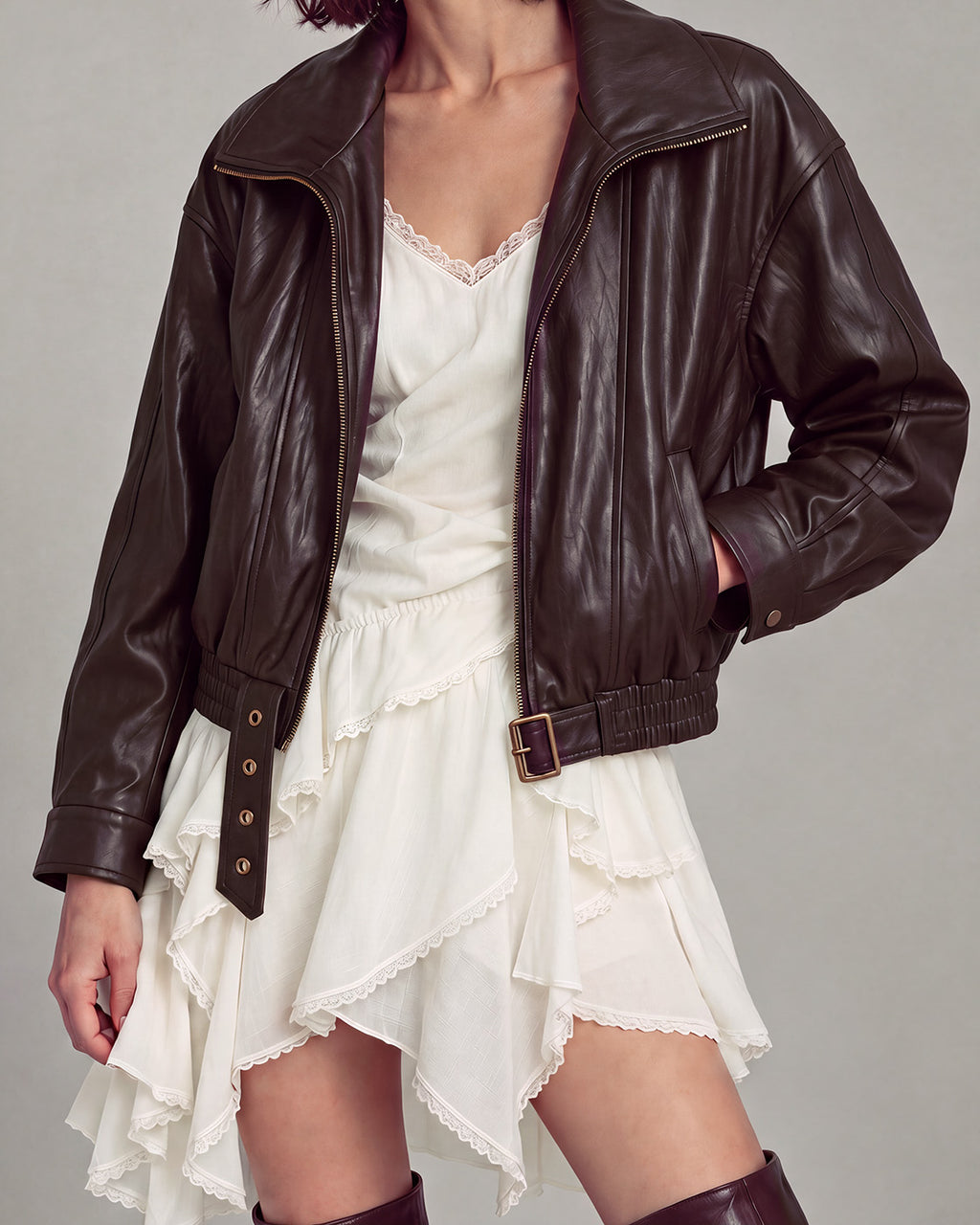 Buckle-Hem Faux-Leather Zip Jacket in Deep Brown — neck down