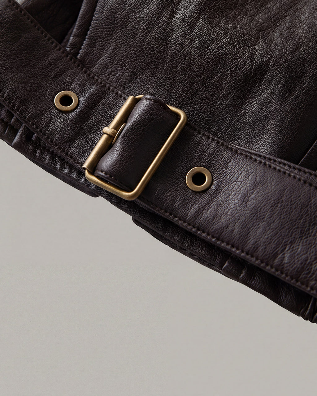 Buckle-Hem Faux-Leather Zip Jacket in Deep Brown — detail two