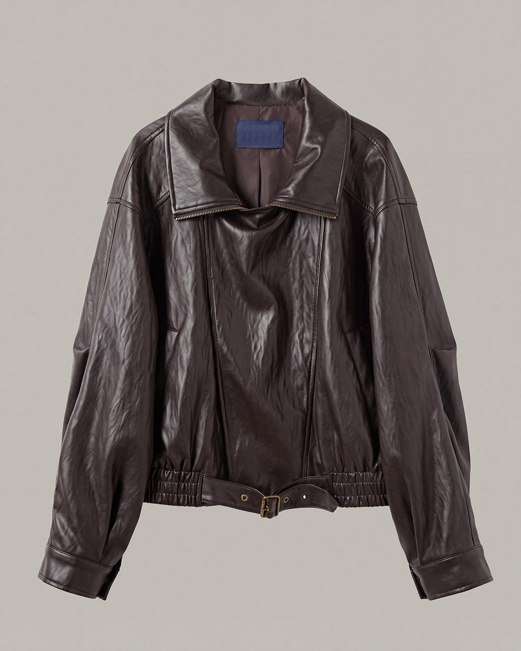 Buckle-Hem Faux-Leather Zip Jacket in Deep Brown — product front