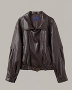 Buckle-Hem Faux-Leather Zip Jacket in Deep Brown — product front