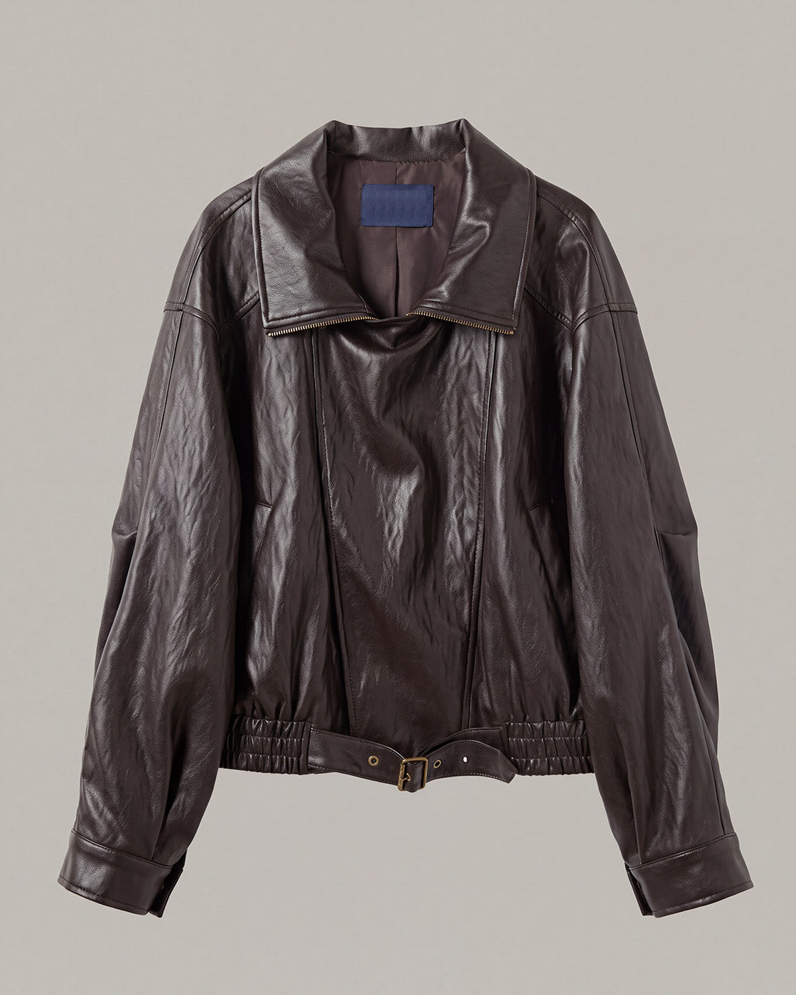 Buckle-Hem Faux-Leather Zip Jacket in Deep Brown — product front