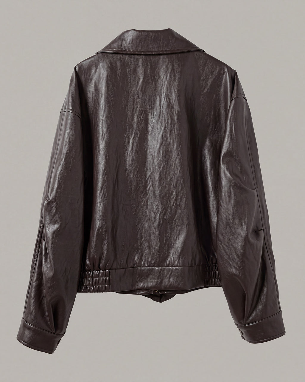 Buckle-Hem Faux-Leather Zip Jacket in Deep Brown — product back