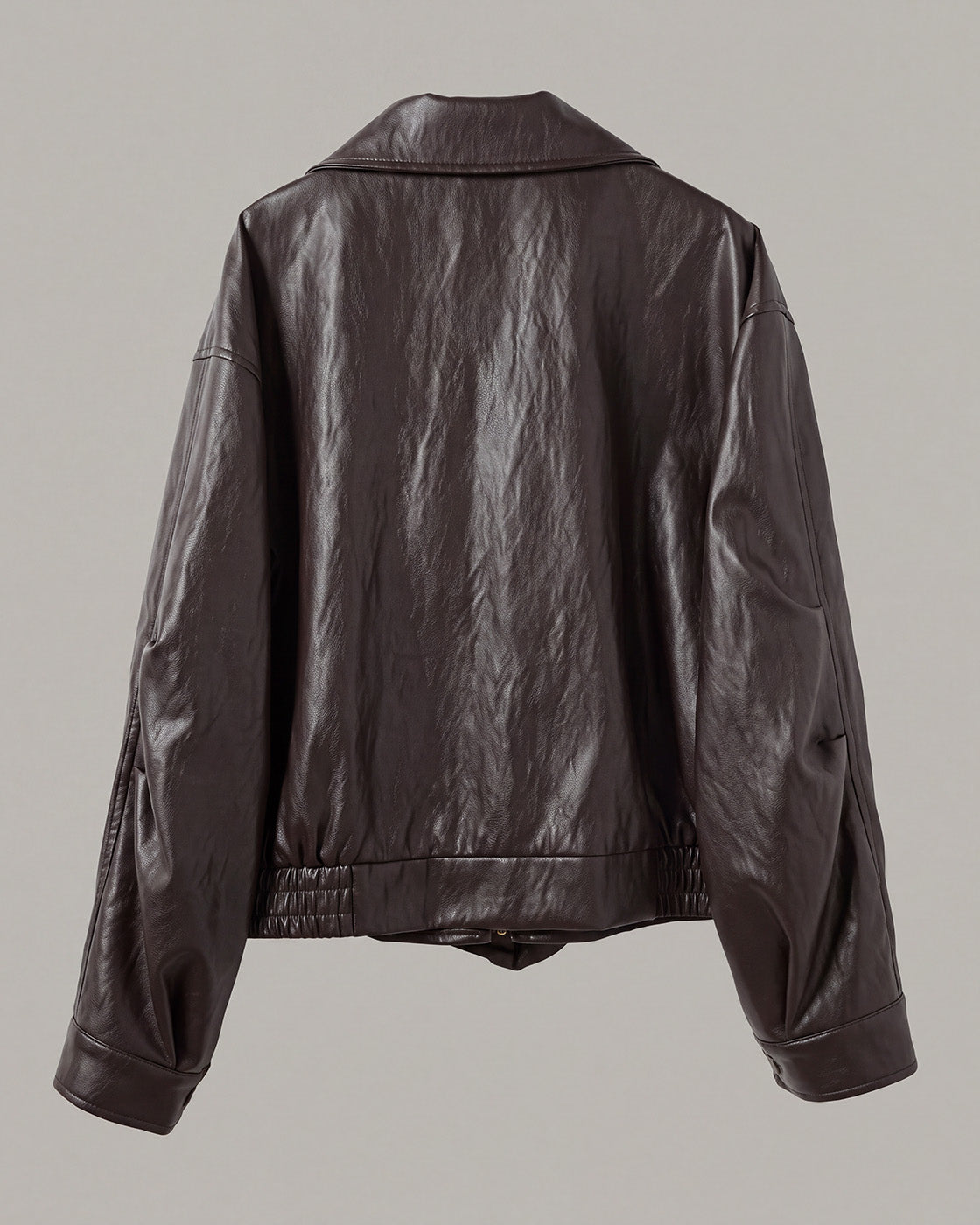 Buckle-Hem Faux-Leather Zip Jacket in Deep Brown — product back