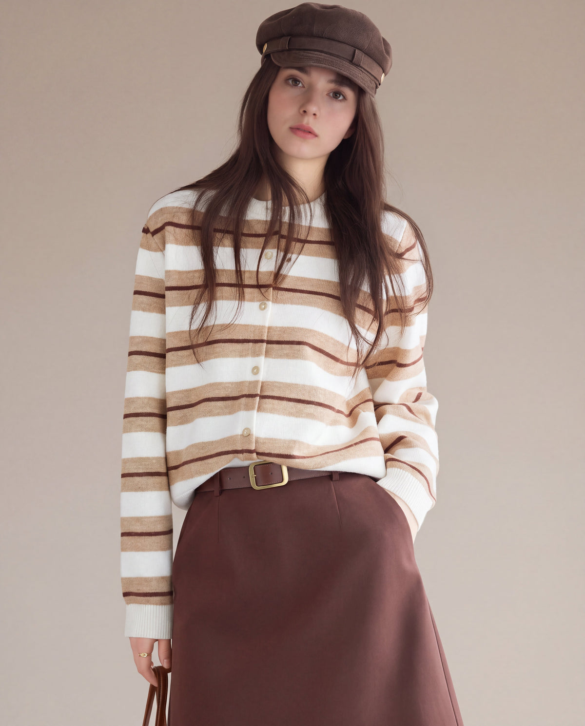 Striped Crewneck Button Cardigan in Cream Stripe — model view