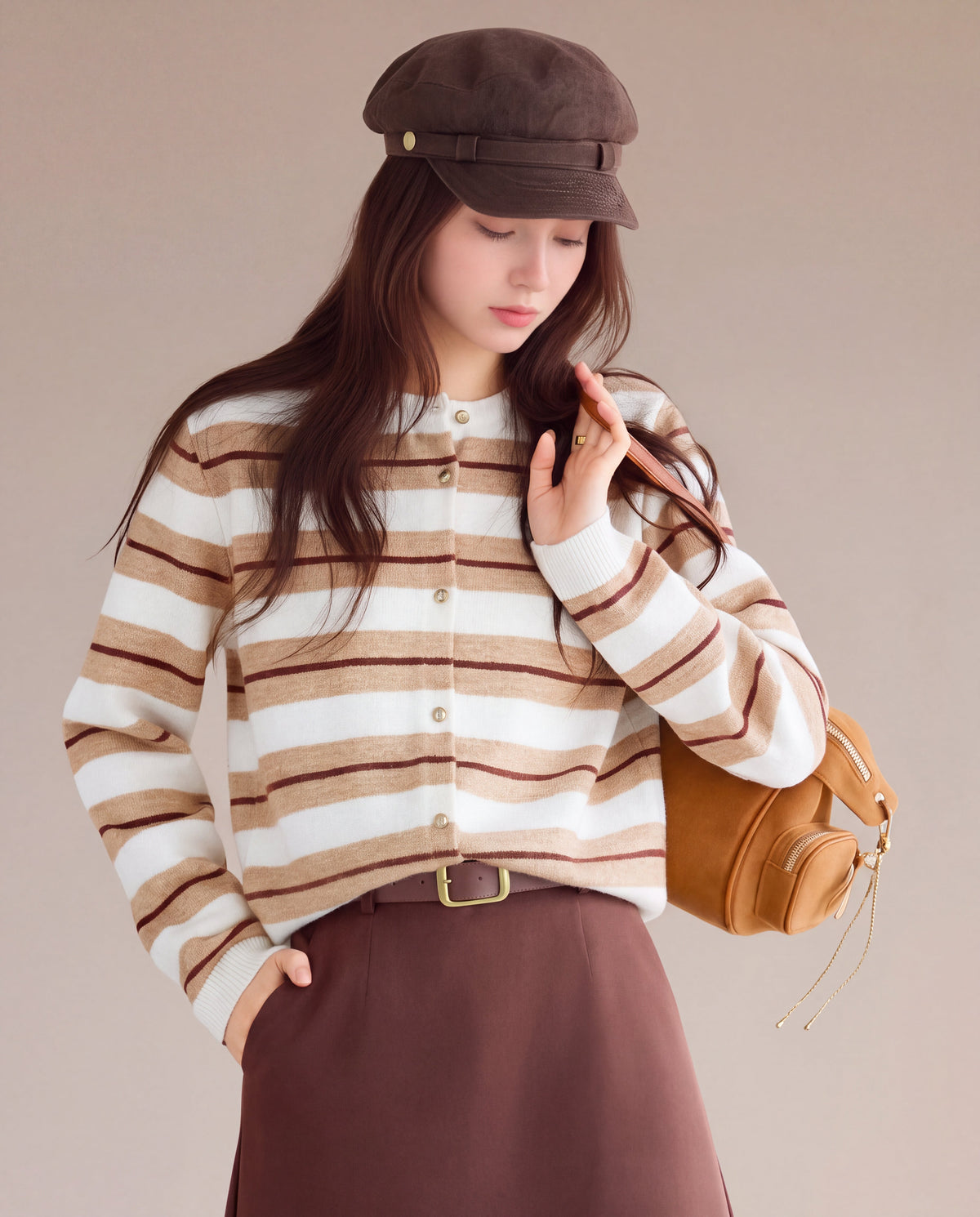 Striped Crewneck Button Cardigan in Cream Stripe — model lookbook with cap