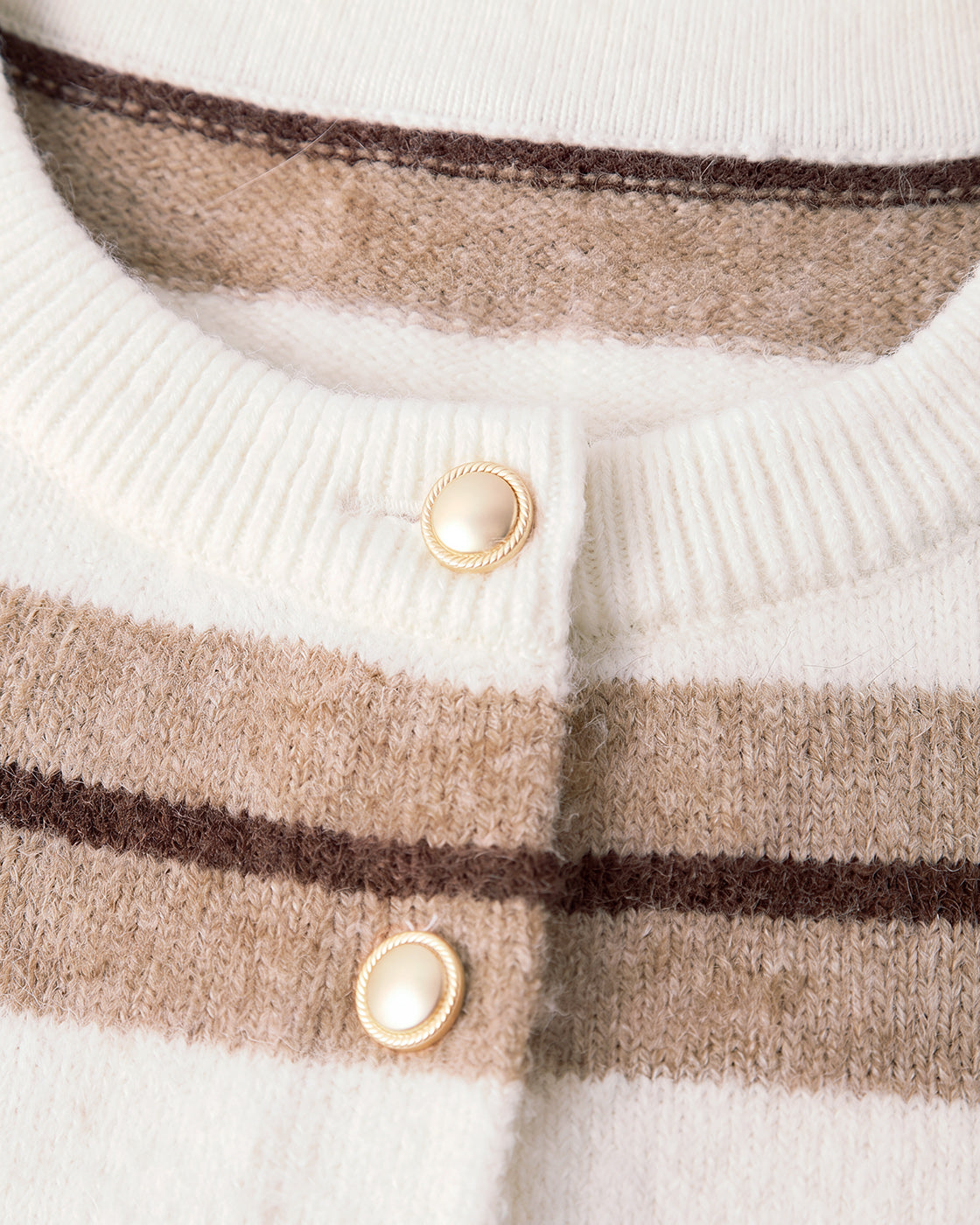Striped Crewneck Button Cardigan in Cream Stripe — detail collar