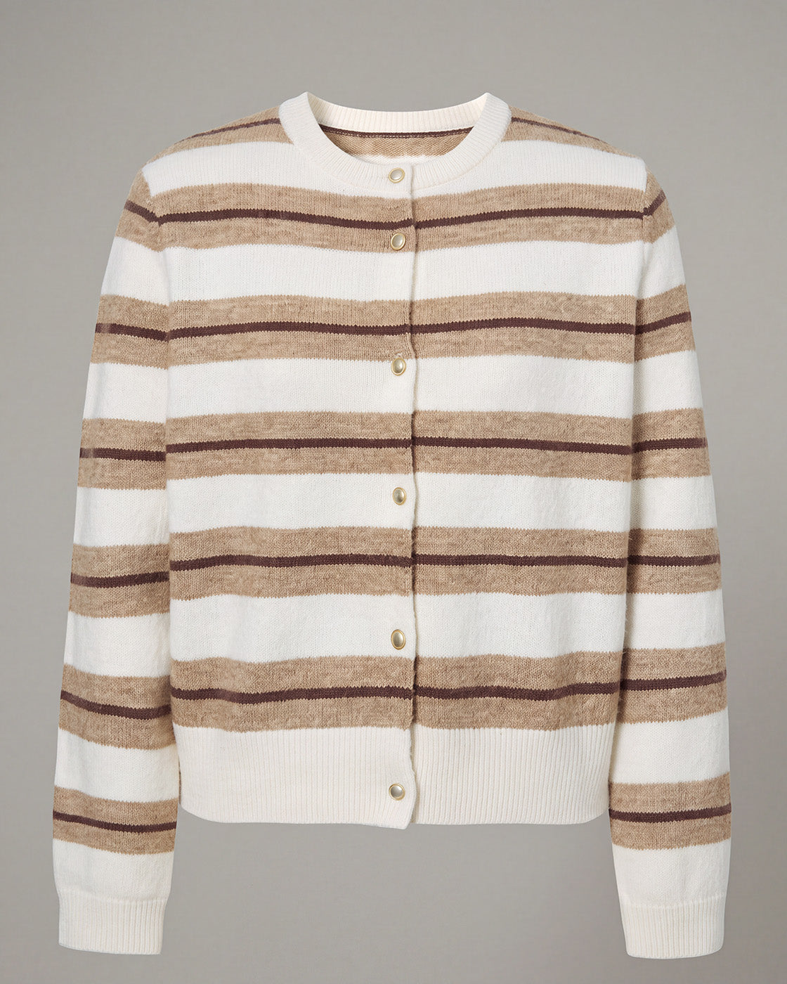 Striped Crewneck Button Cardigan in Cream Stripe — product front