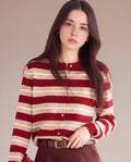 Striped Crewneck Button Cardigan in Red Stripe — model view