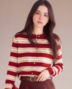 Striped Crewneck Button Cardigan in Red Stripe — model view