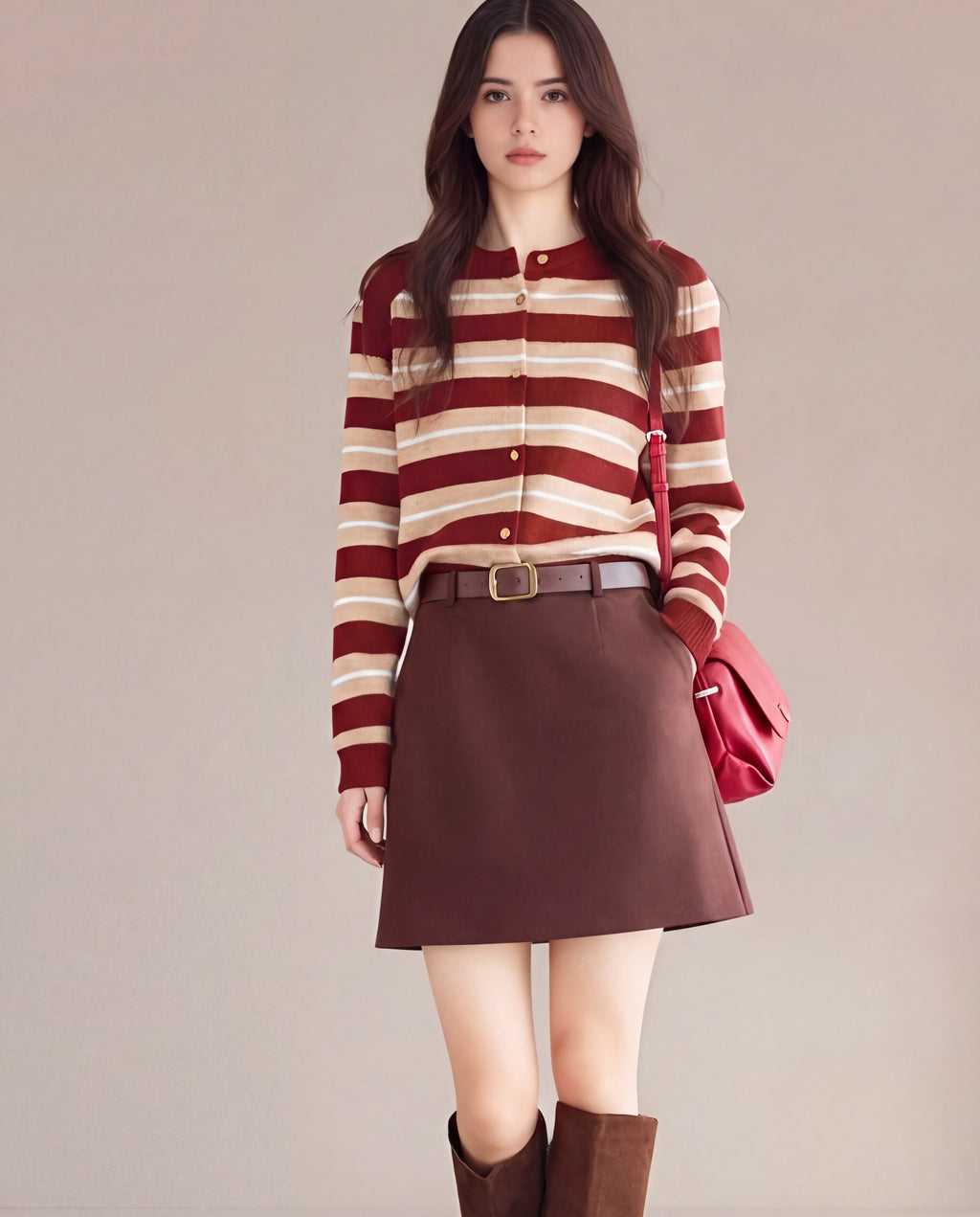 Striped Crewneck Button Cardigan in Red Stripe — full outfit model view