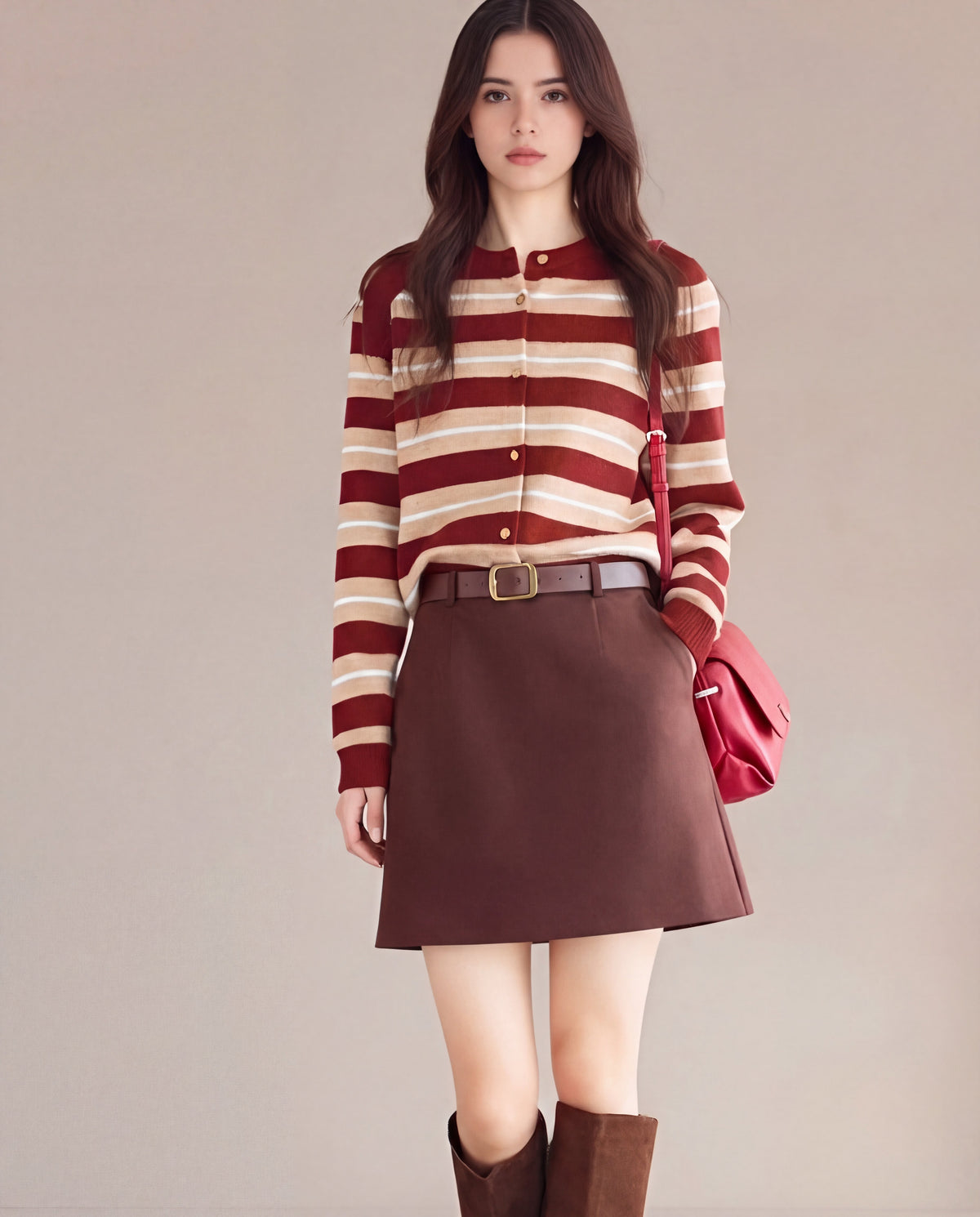 Striped Crewneck Button Cardigan in Red Stripe — full outfit model view