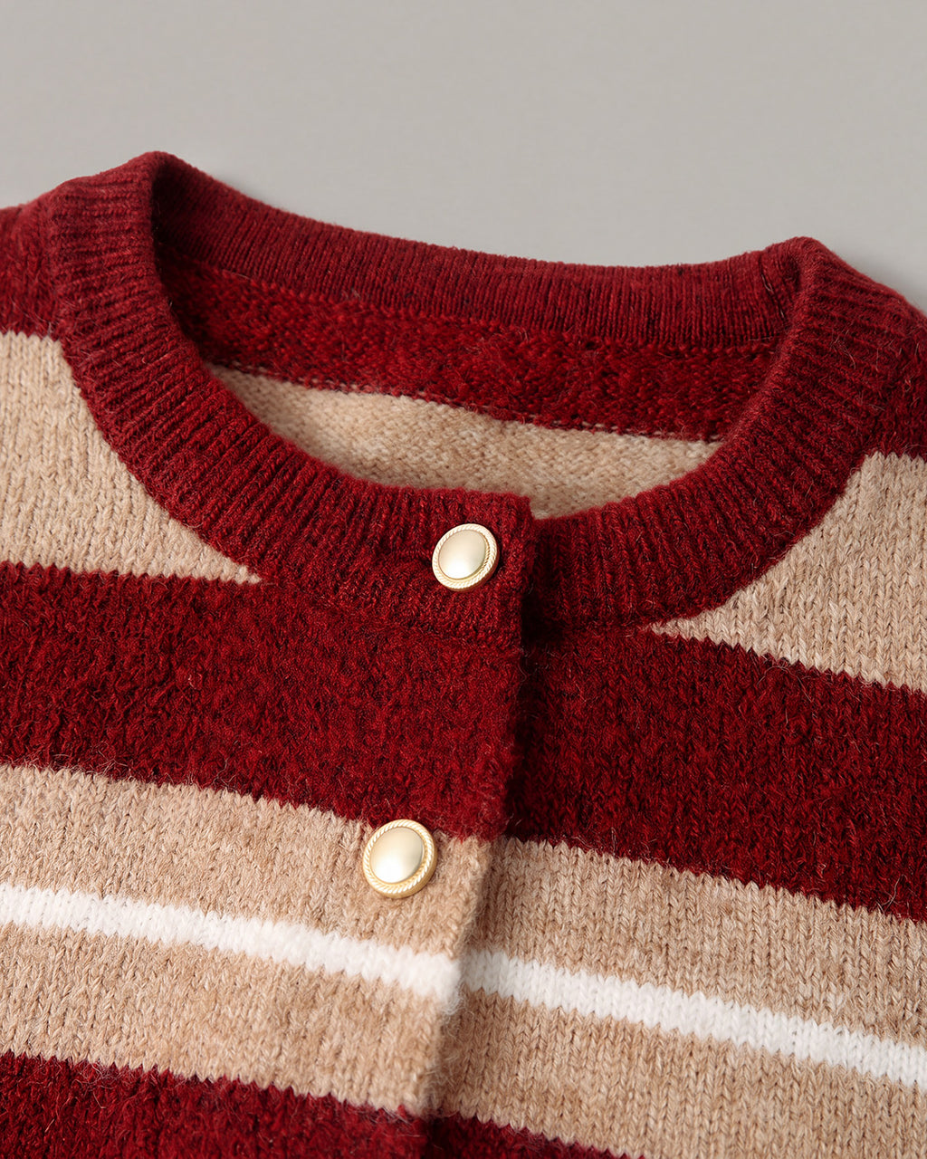 Striped Crewneck Button Cardigan in Red Stripe — detail collar