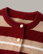 Striped Crewneck Button Cardigan in Red Stripe — detail collar