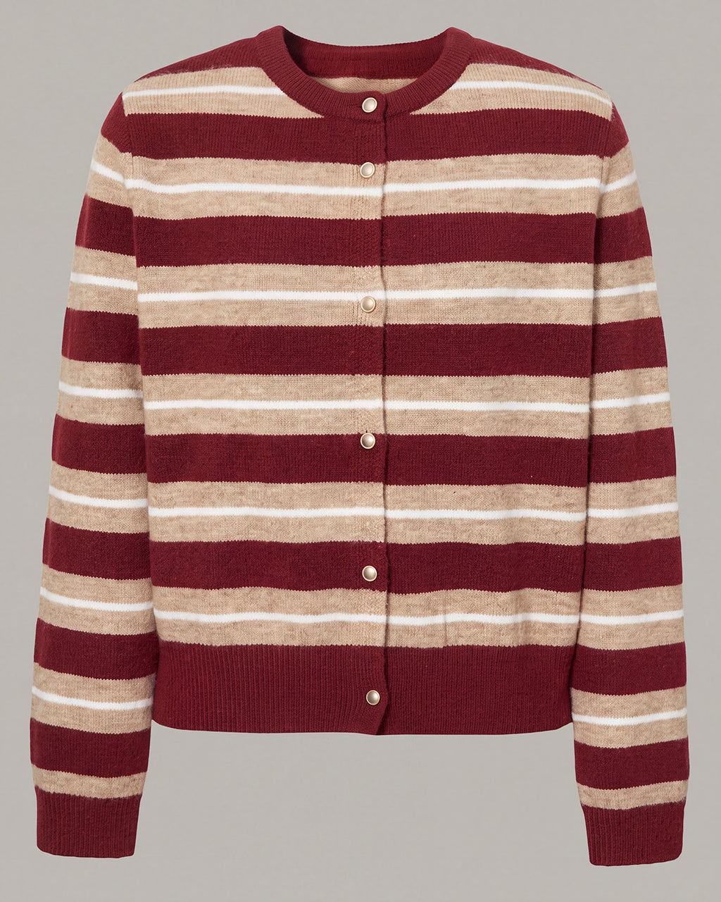 Striped Crewneck Button Cardigan in Red Stripe — product front