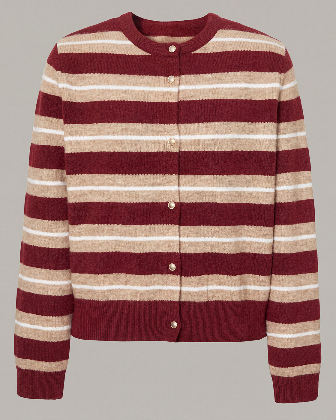 Striped Crewneck Button Cardigan in Red Stripe — product front