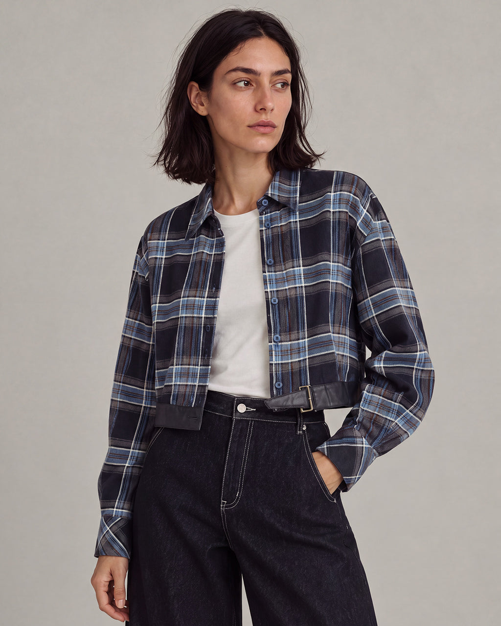 Belted-Hem Plaid Cropped Jacket in Blue Plaid — lookbook hero